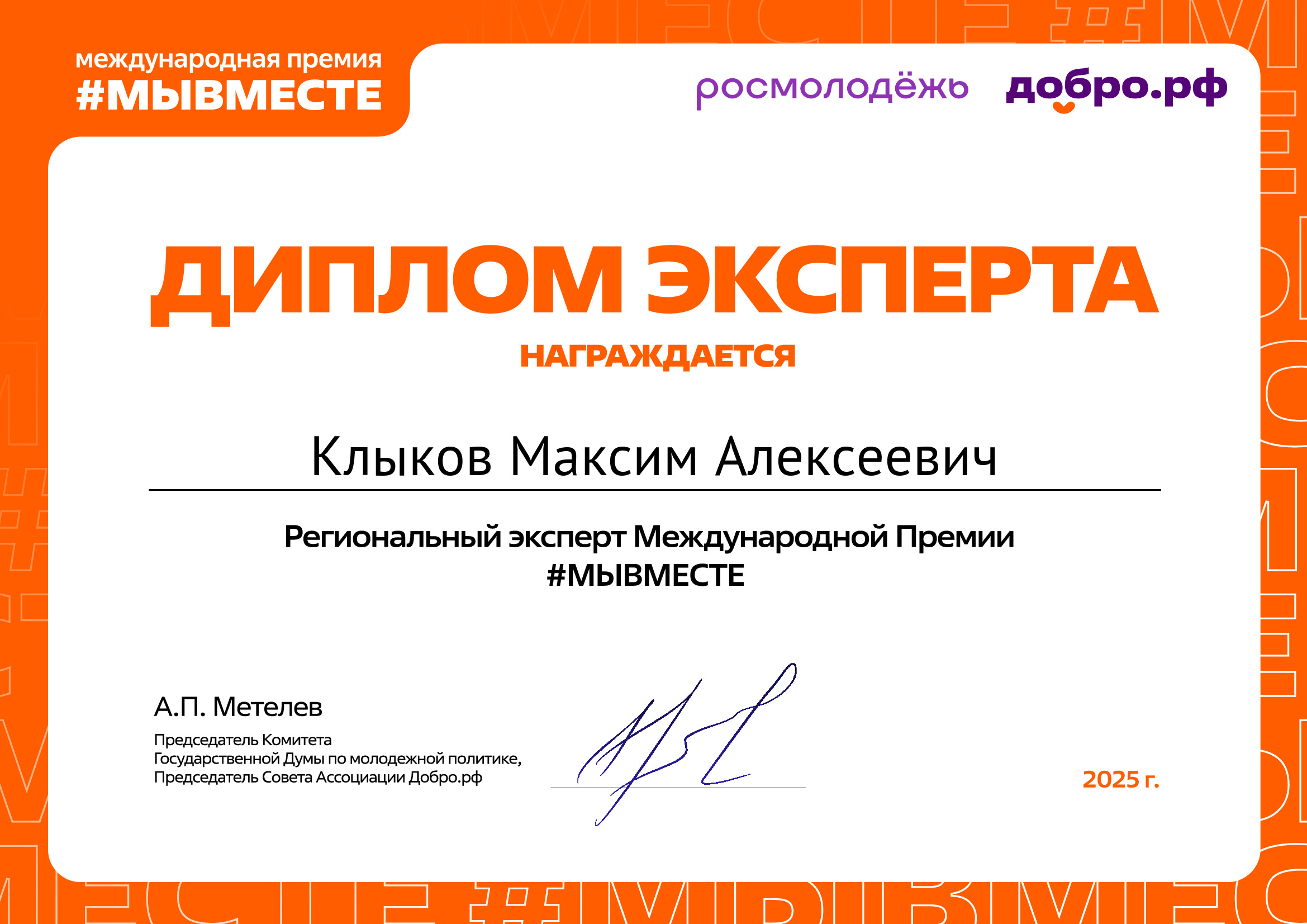 Диплом эксперта Международной премии #МЫВМЕСТЕ 2025